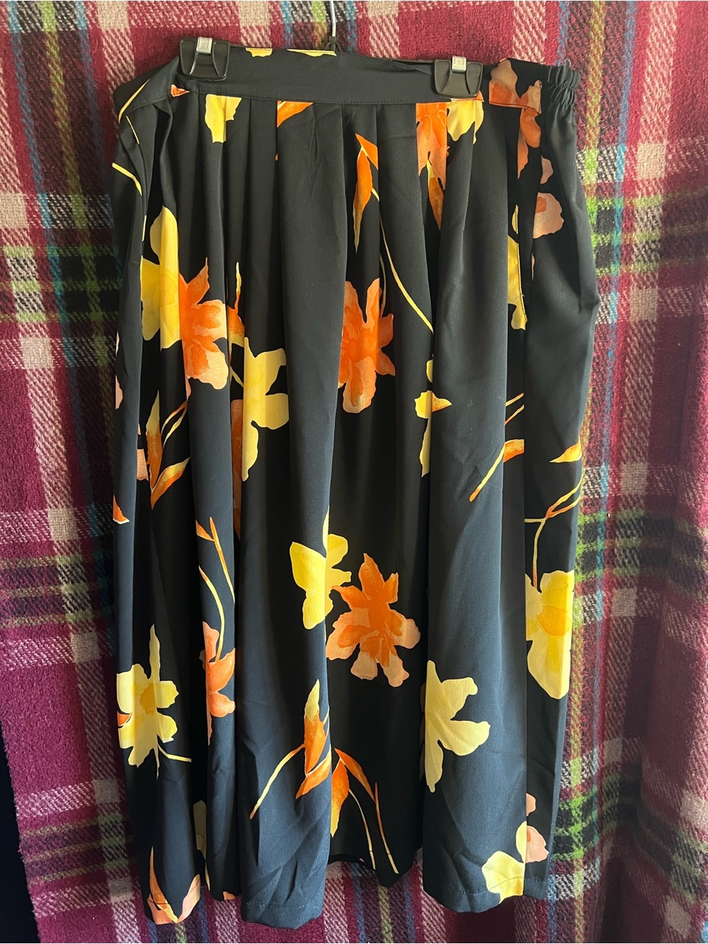 Vibrate 90s Black Floral Midi Skirt with Orange & Yellow Blooms Plus